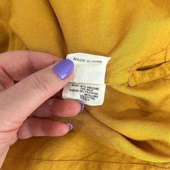 Fabindia Mustard Color Organza Sleeve Tie Neck Top Size L - Picture 5 of 9